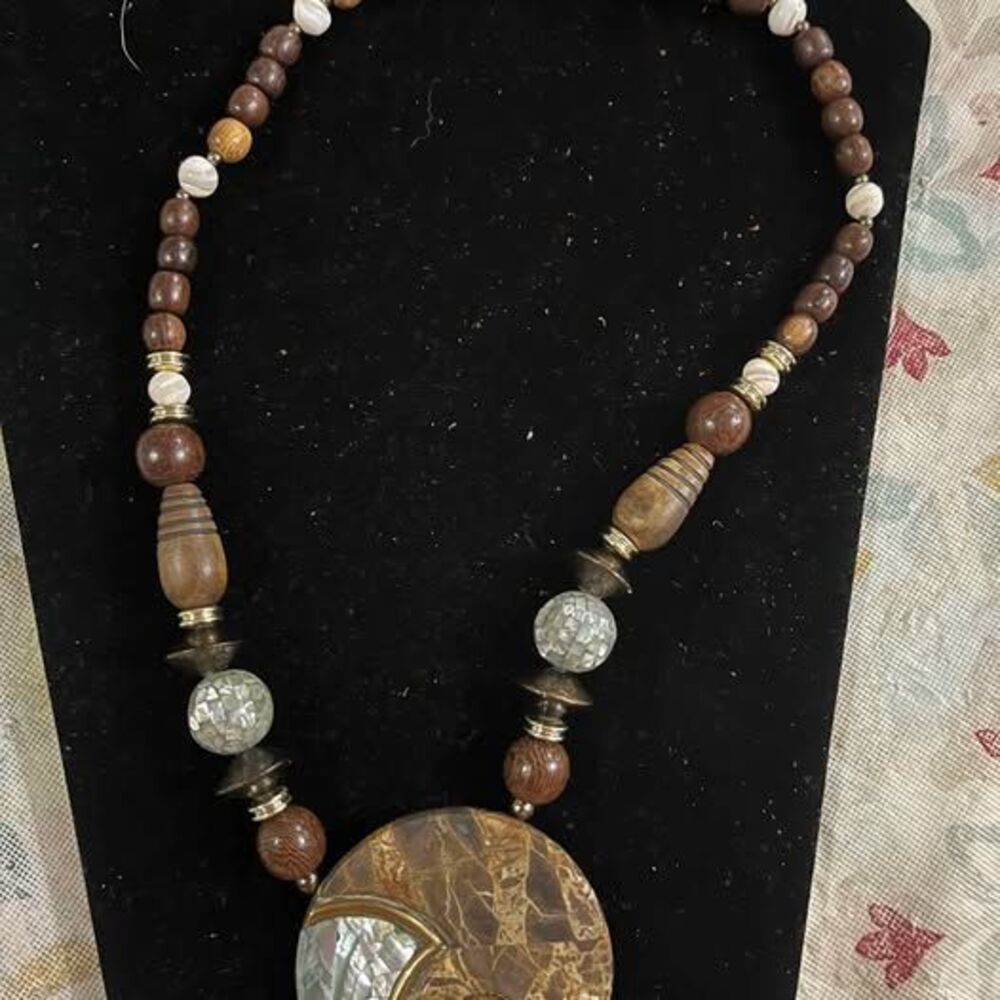 Lee Sands Wood and Shell Necklace and Earring Set